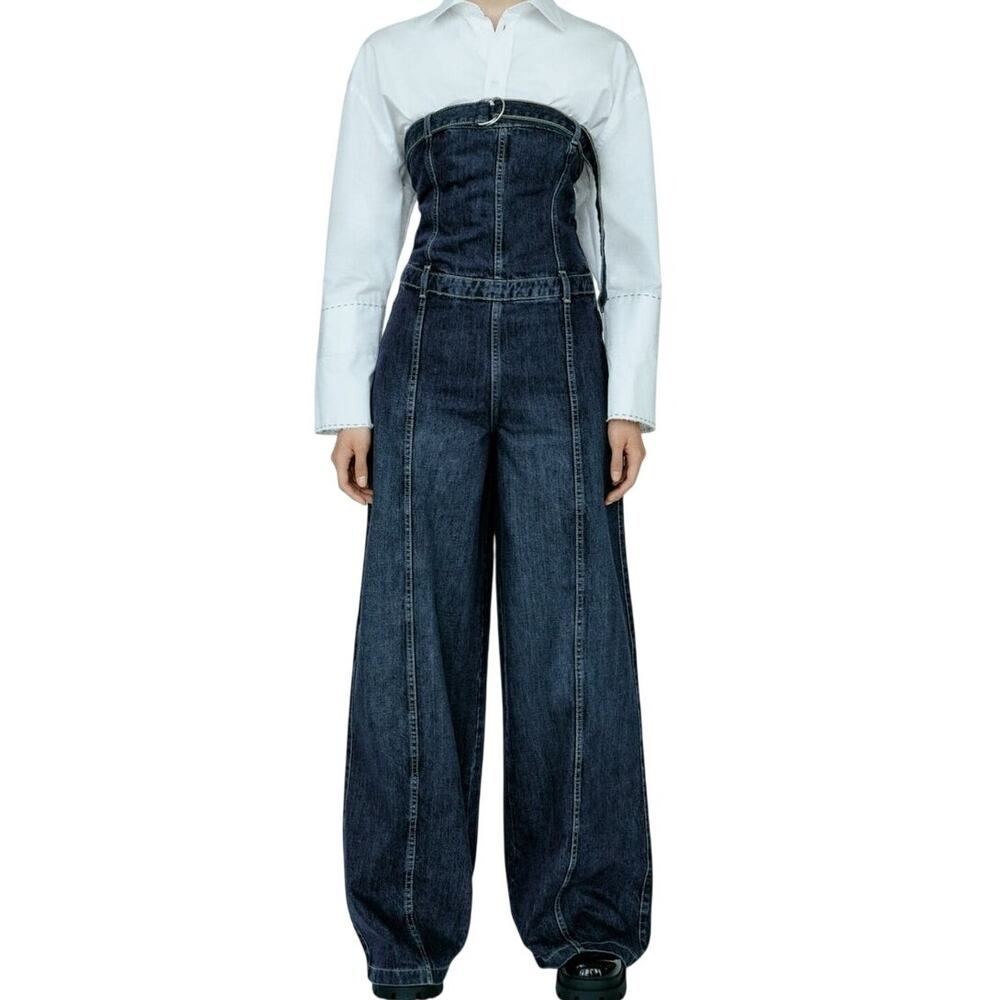 Women's Zara Strapless Wide Leg Full Length Dark Wash Denim Jumpsuit